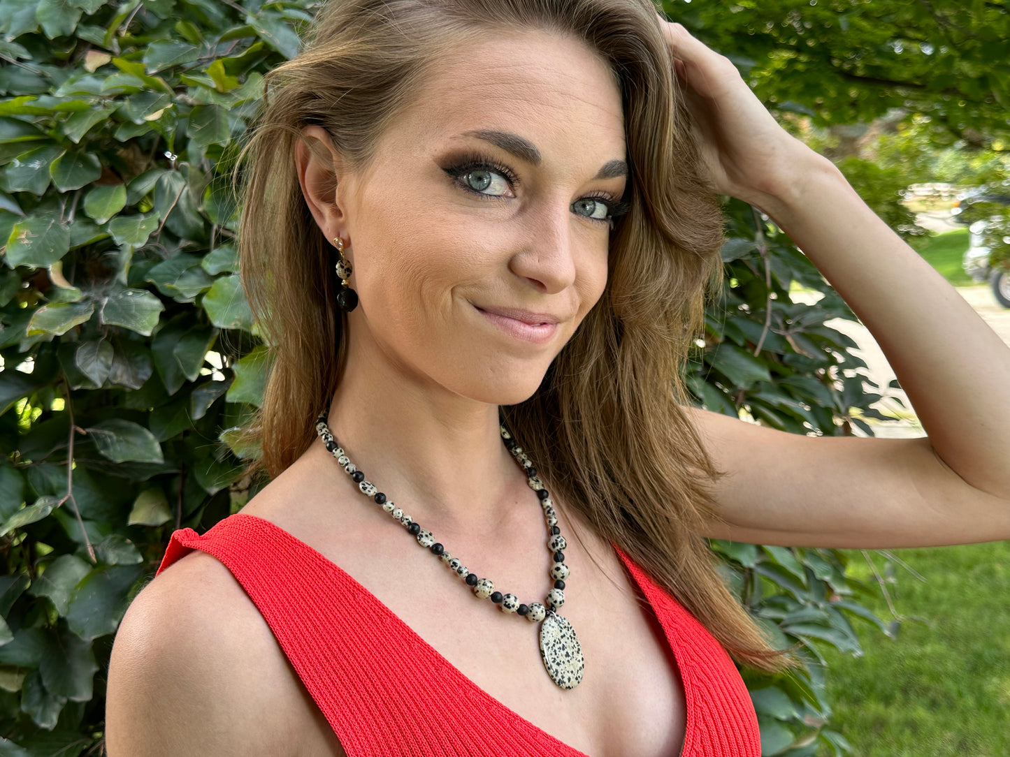 Dalmatian Jasper pendant necklace, handmade and adjustable