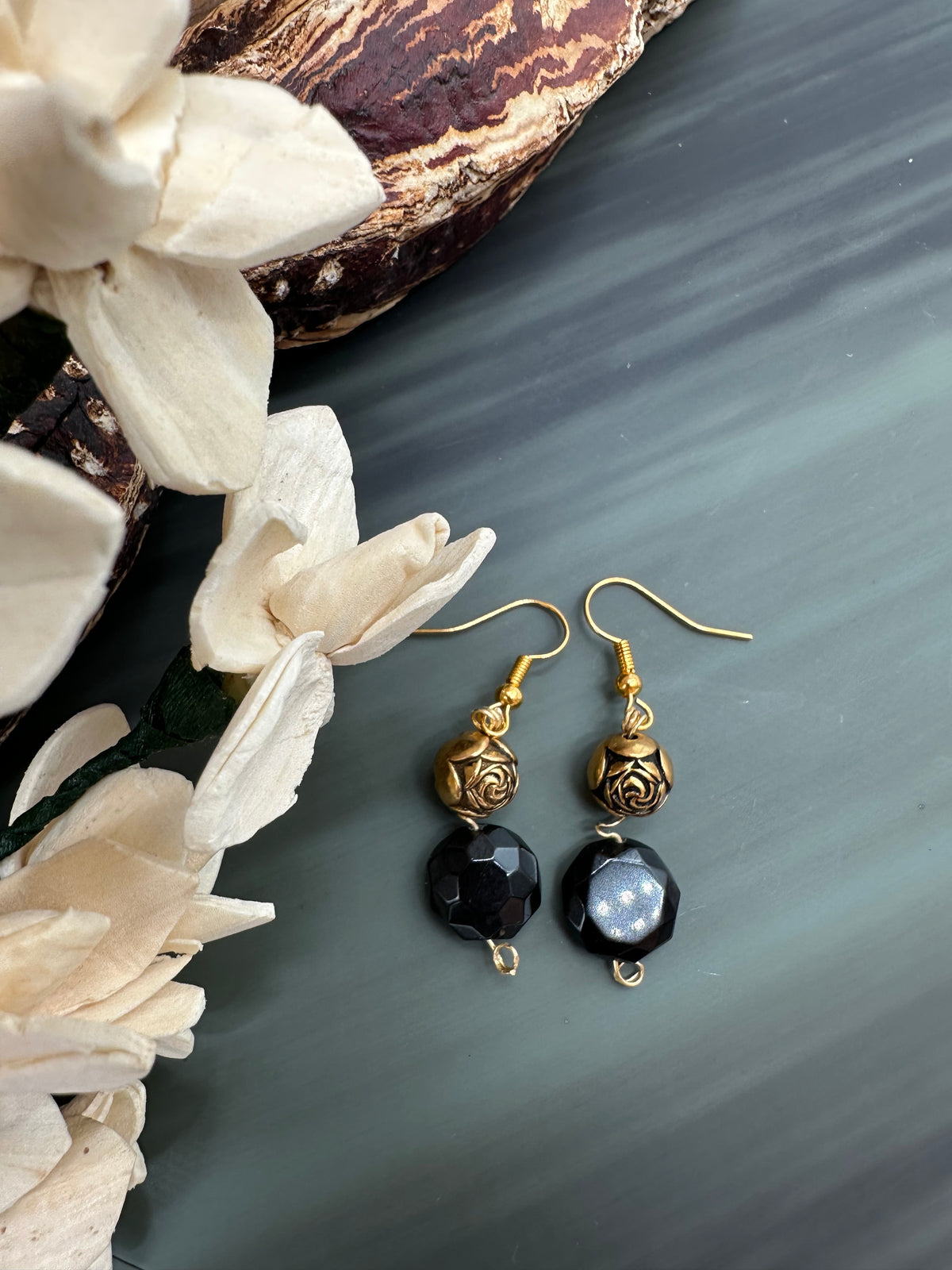 Gold Roses and Rainbow Obsidian earring