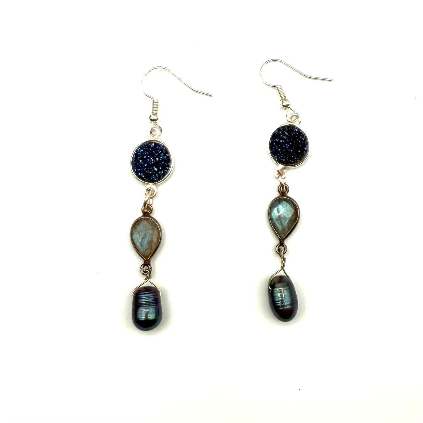 Blue Druzy crystal, laborite and freshwater pearl dangle earrings