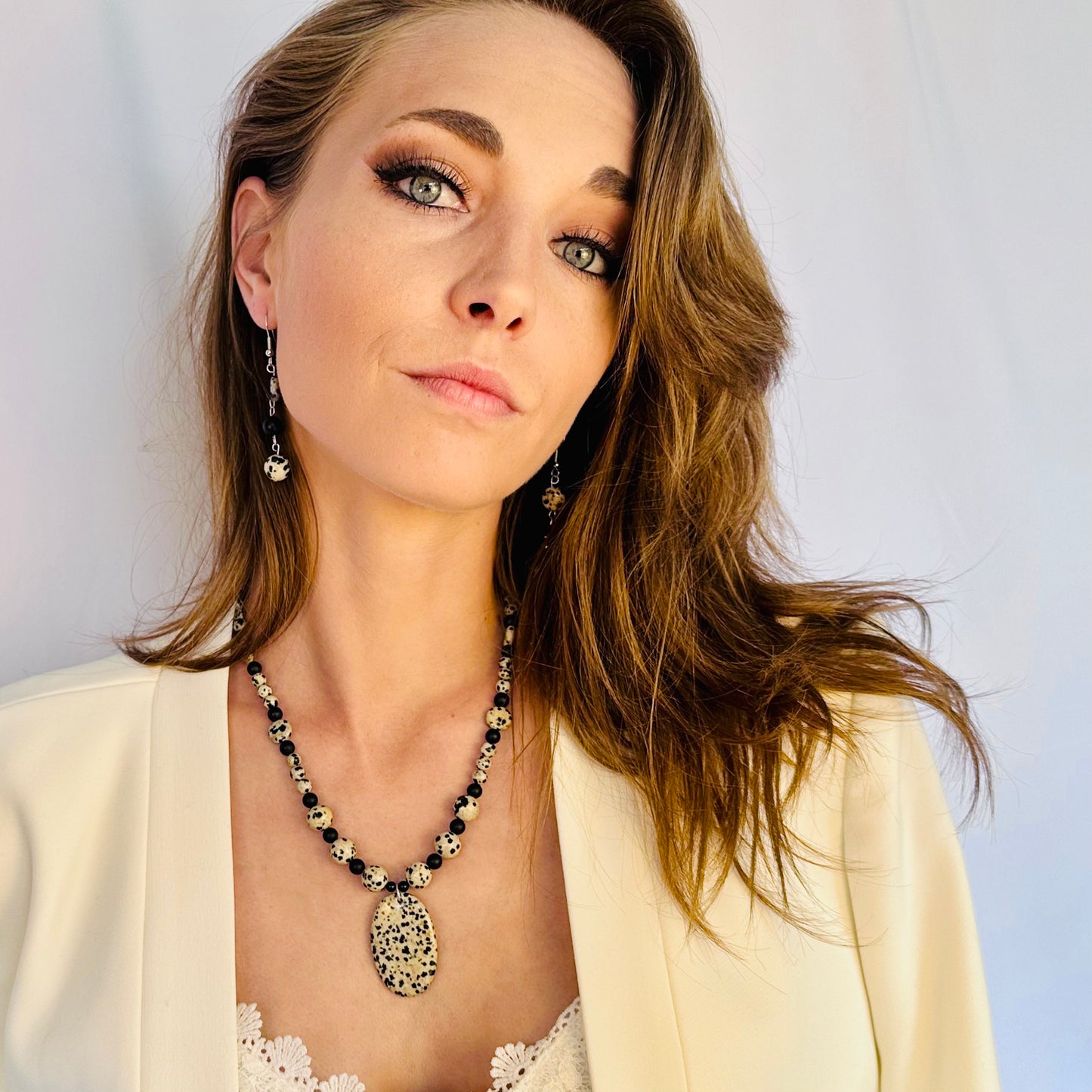 Dalmatian Jasper pendant necklace, handmade and adjustable