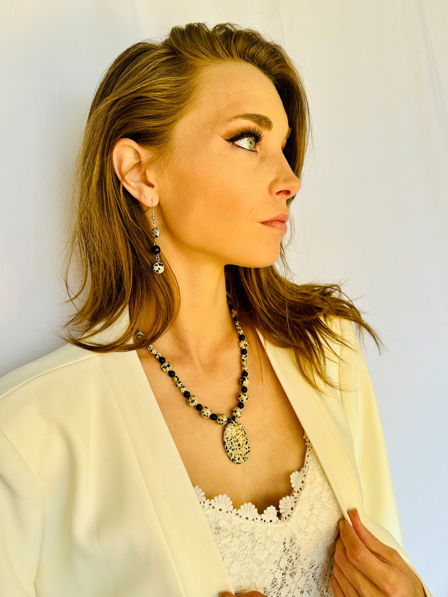 Dalmatian Jasper and Black Onyx dangle earrings