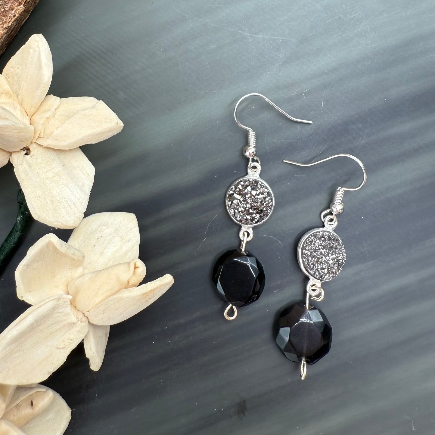 Druzy crystal and Rainbow Obsidian earrings