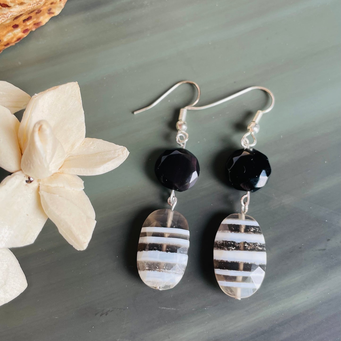 Blue Denim Opal and Rainbow Obsidian dangle earrings