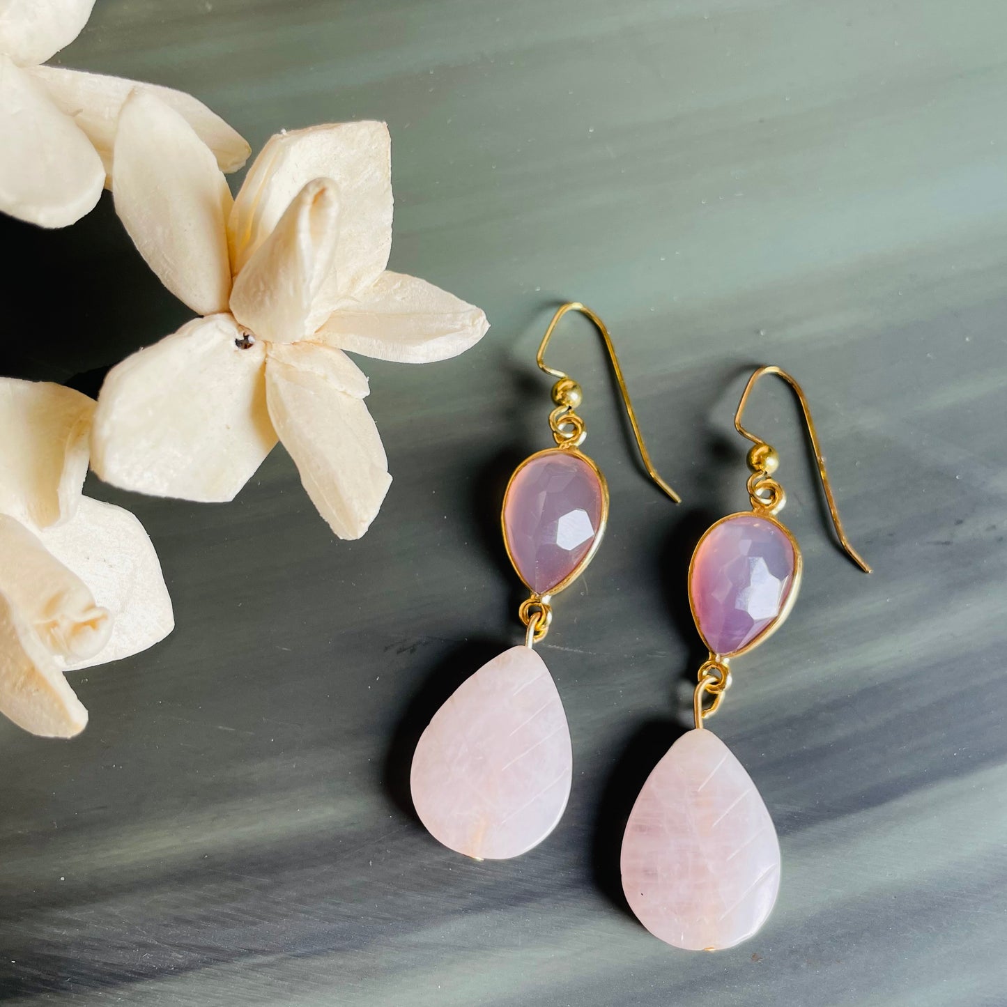 Chalcedony Vermeil and rose quartz earrings