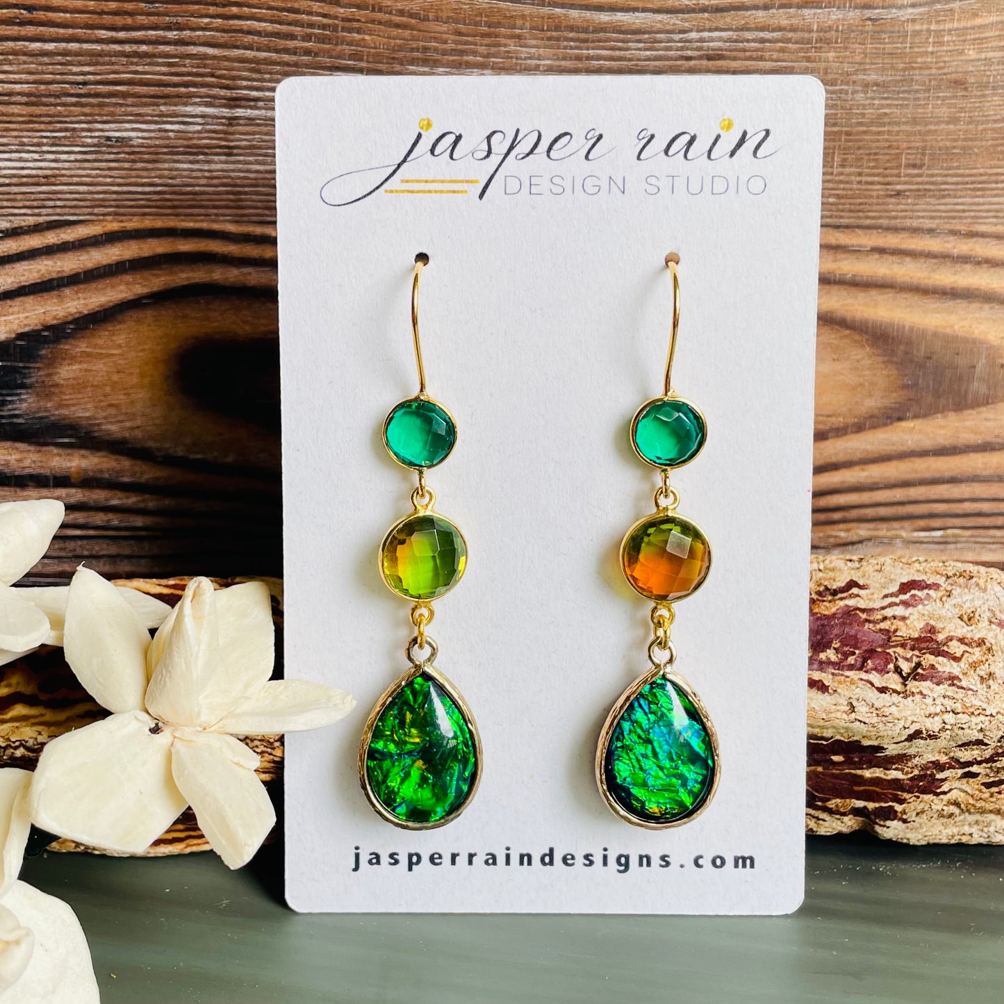 Tourmaline, fire opal glass and emerald quartz dangle earrings