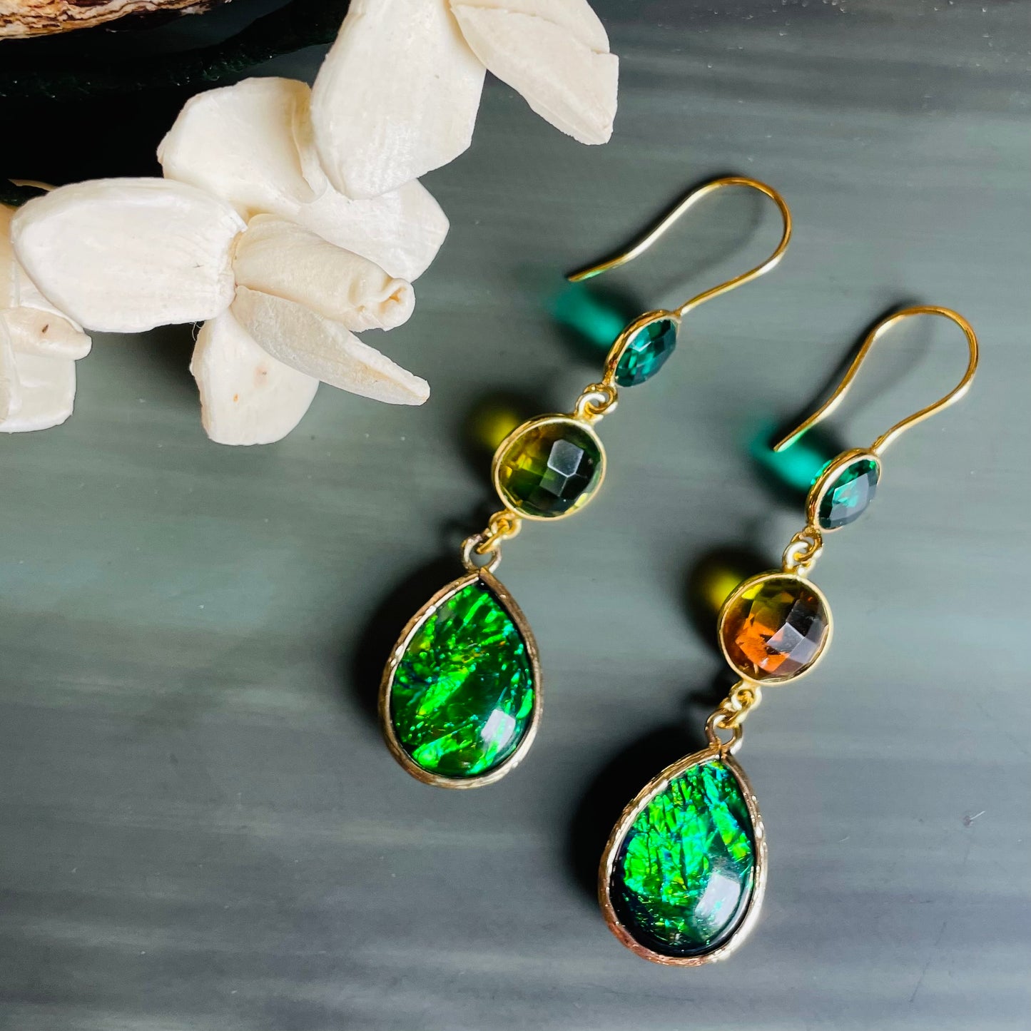 Tourmaline, fire opal glass and emerald quartz dangle earrings