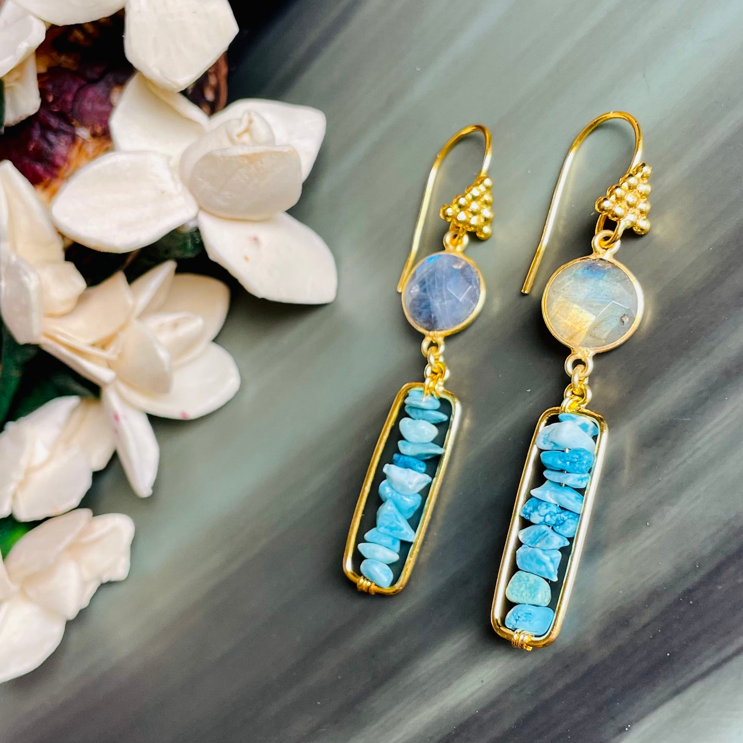 Natural Turquoise and Labradorite earrings on 24k plated hooks