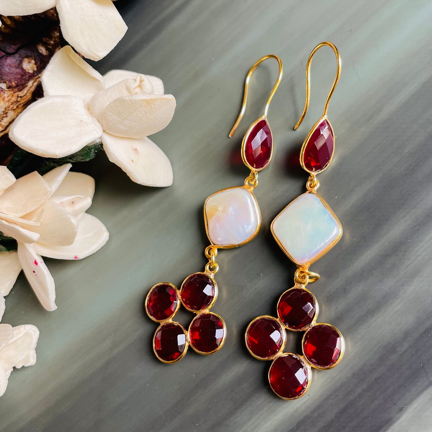Garnet and pearl long dangle earrings