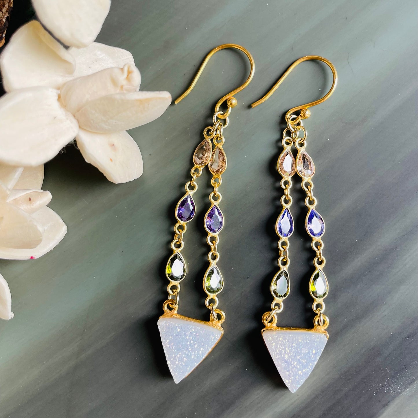 White druzy crystal triangles with faceted Peridot, Tanzanite  and Citrine gemstones