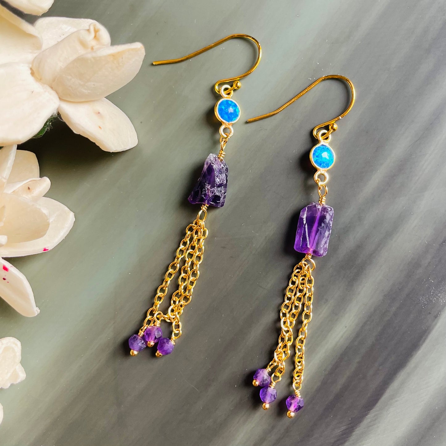 Raw natural amethyst chunks and synthetic blue fire opal cabochons chain earrings
