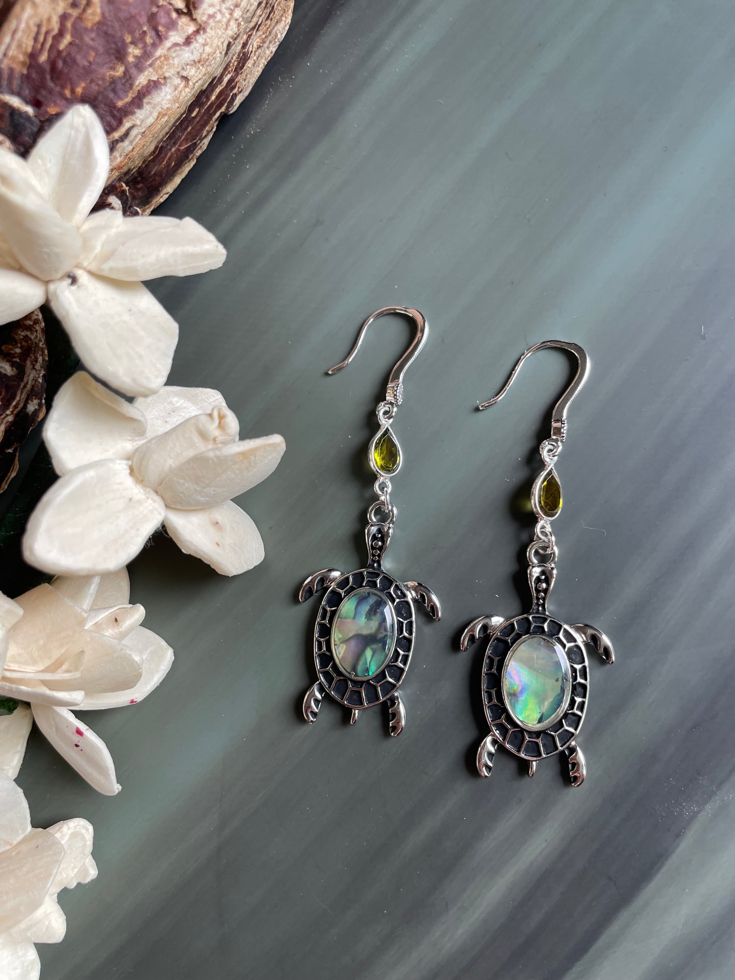Silver Sea Turtle Charm earrings with Abalone and Peridot on silver plated hooks