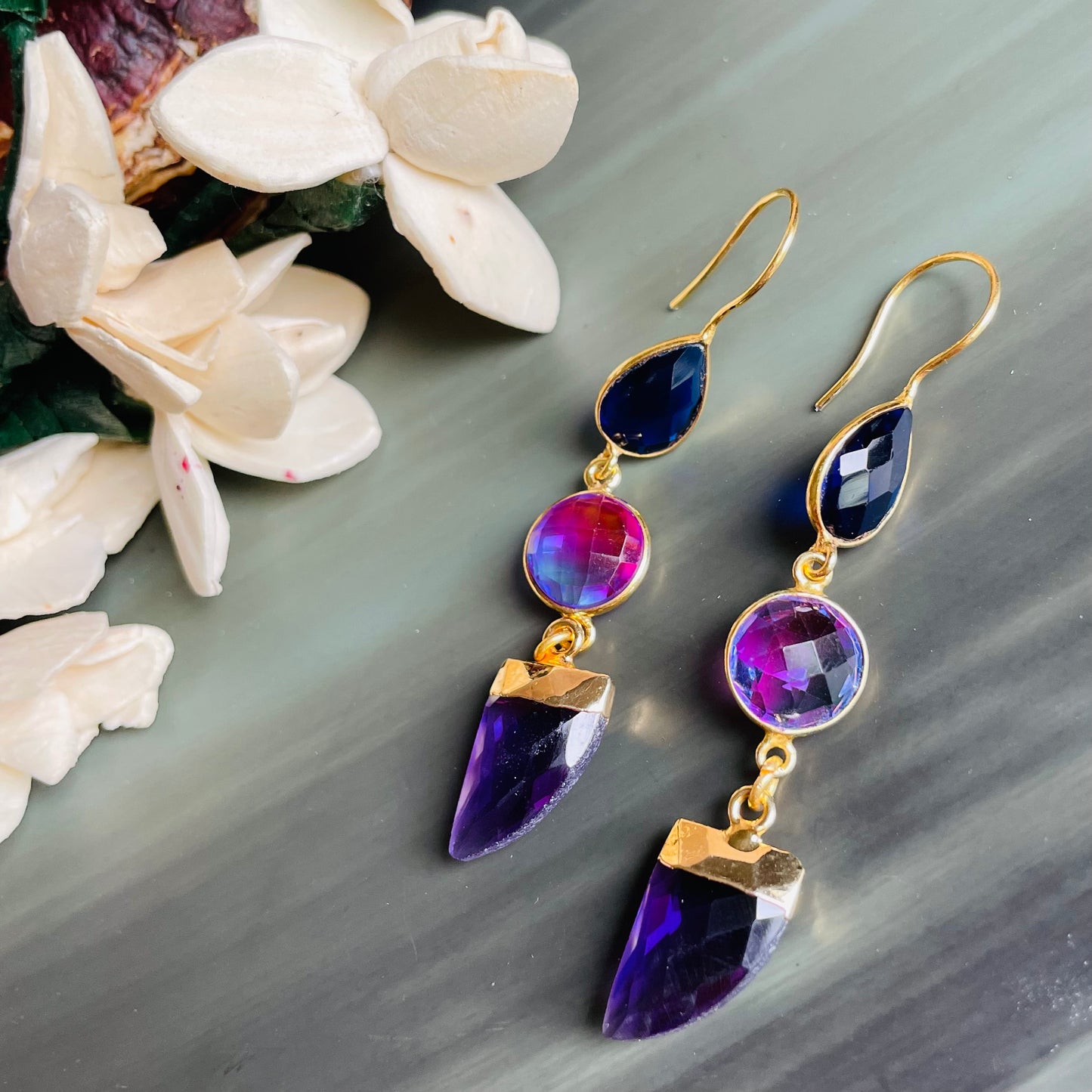 Faceted Amethyst Tiger Nail Charms with Bi-Aura double quartz and hydro sapphires