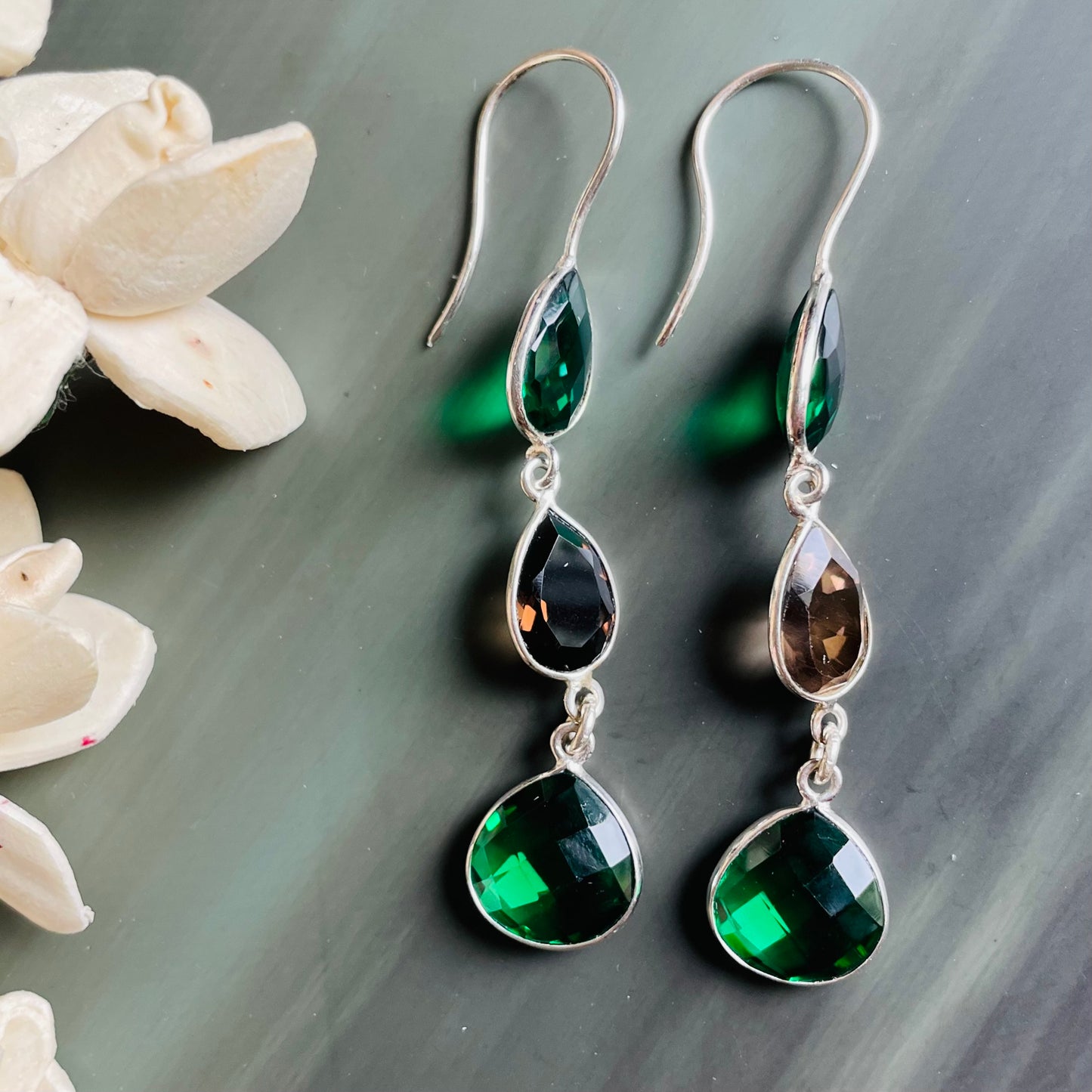 Faceted Emerald and smoky quartz dangle earrings