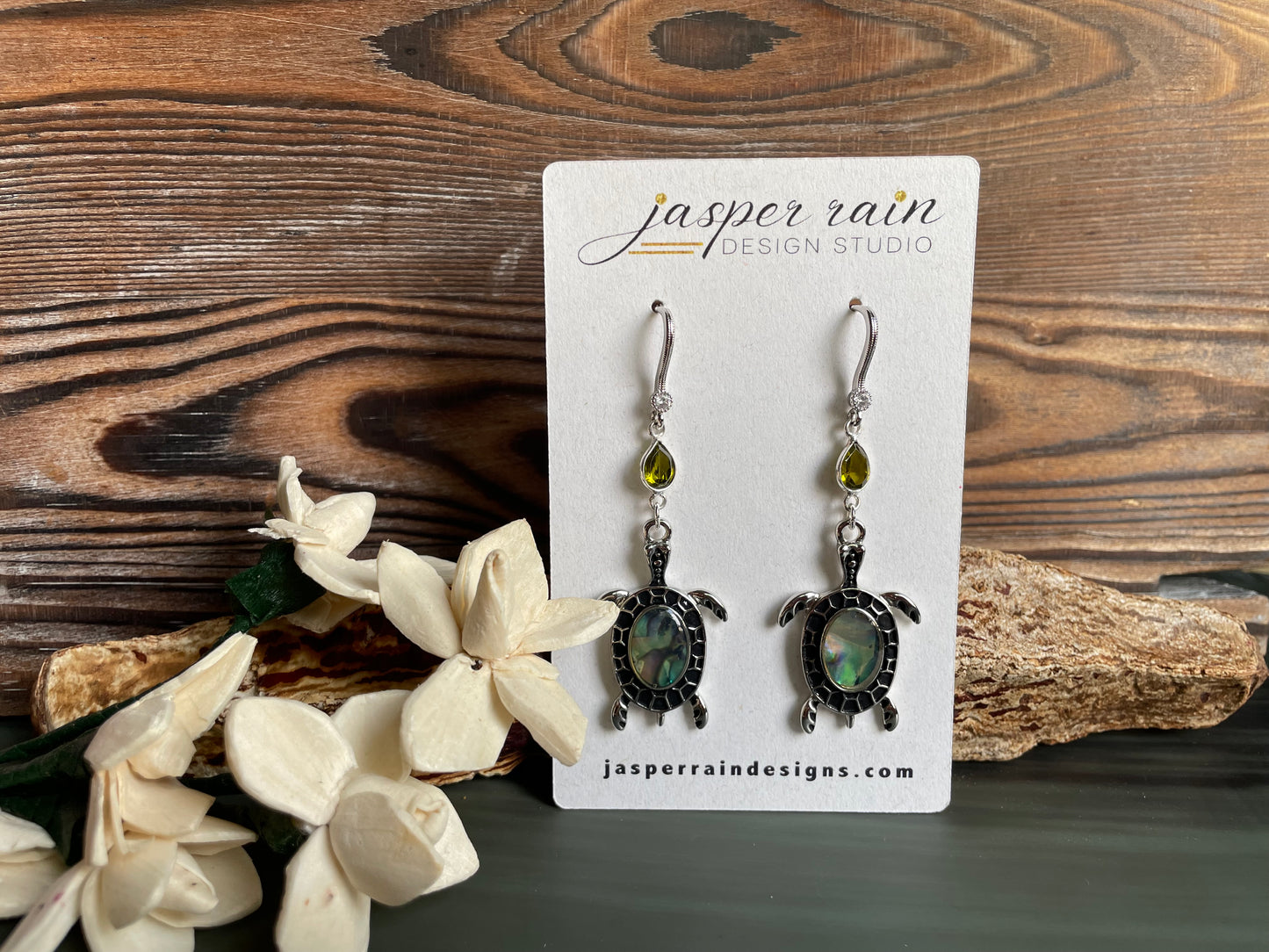 Silver Sea Turtle Charm earrings with Abalone and Peridot on silver plated hooks
