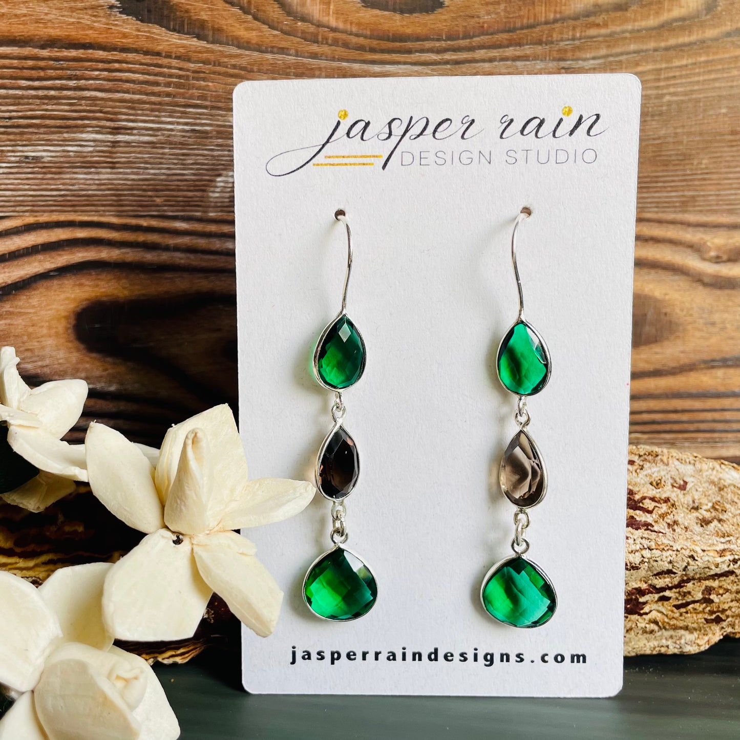 Faceted Emerald and smoky quartz dangle earrings