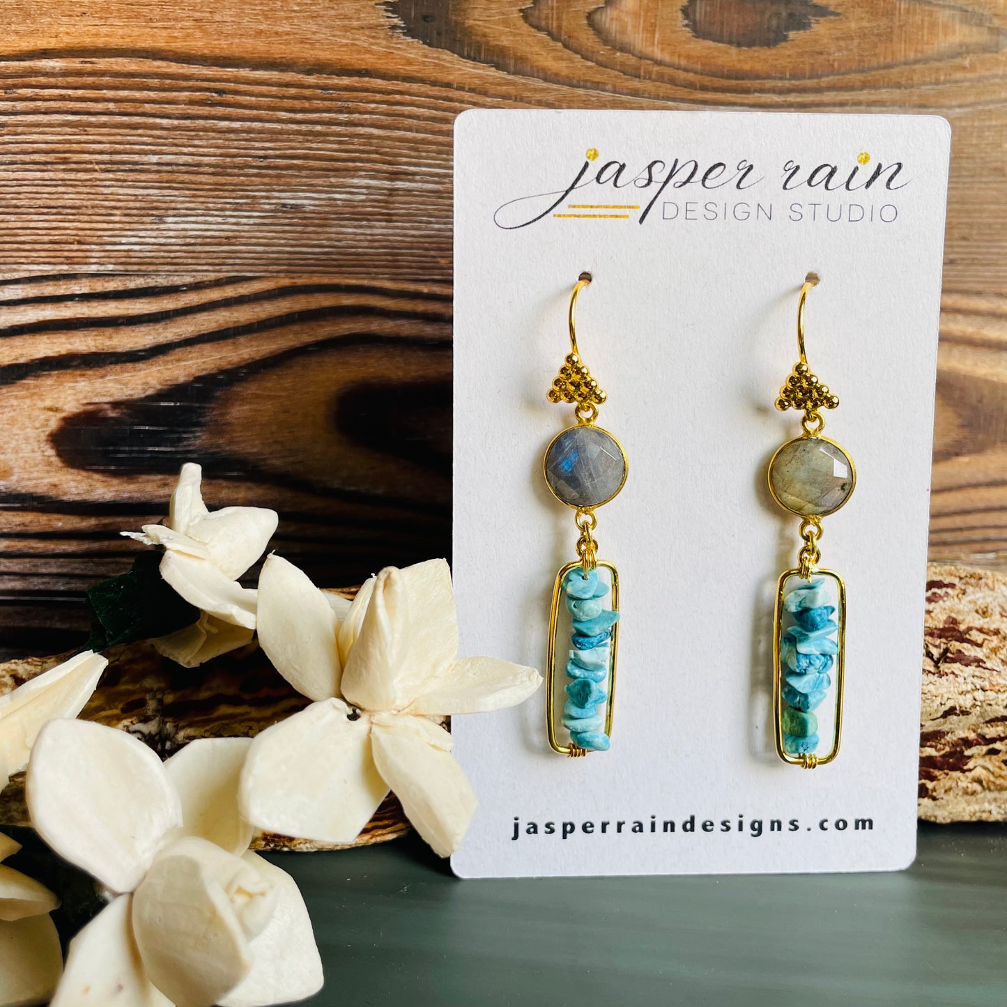 Natural Turquoise and Labradorite earrings on 24k plated hooks