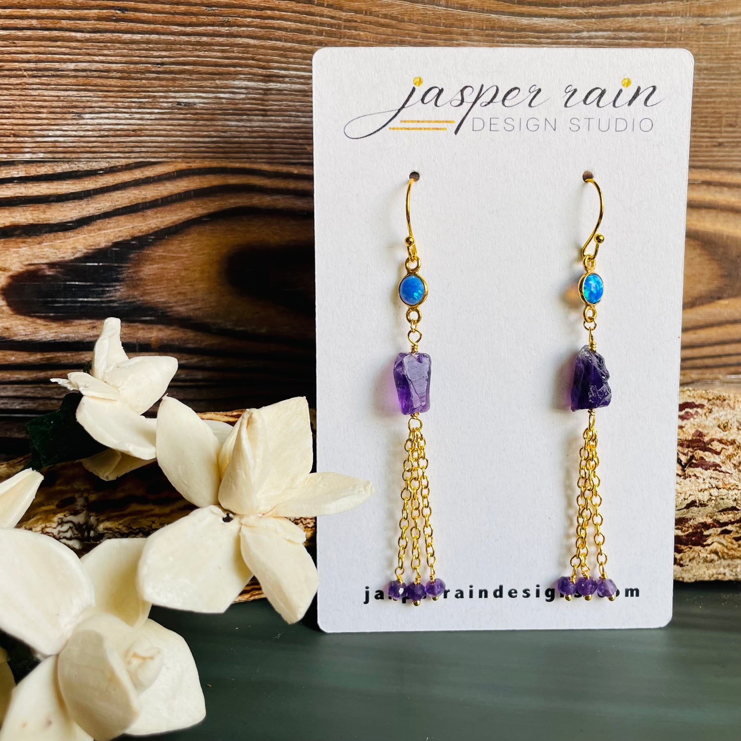 Raw natural amethyst chunks and synthetic blue fire opal cabochons chain earrings