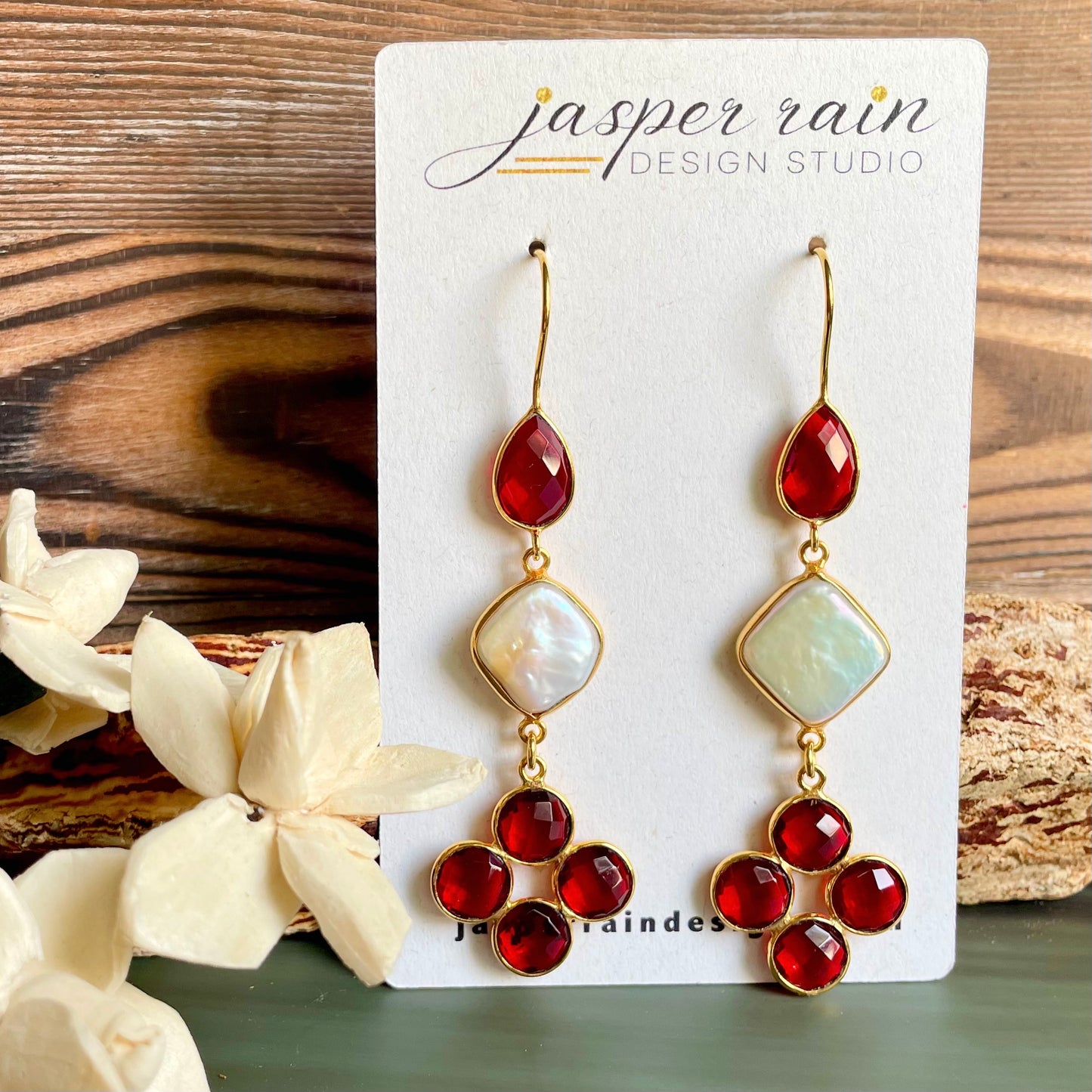 Garnet and pearl long dangle earrings
