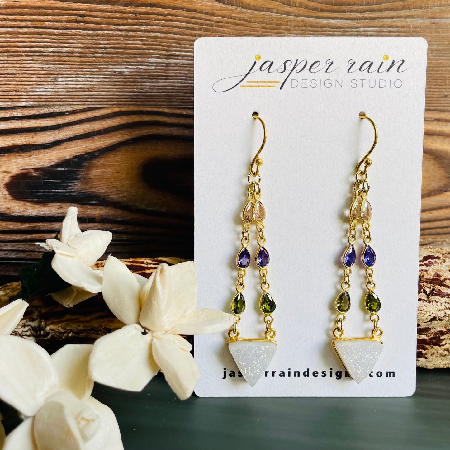 White druzy crystal triangles with faceted Peridot, Tanzanite  and Citrine gemstones