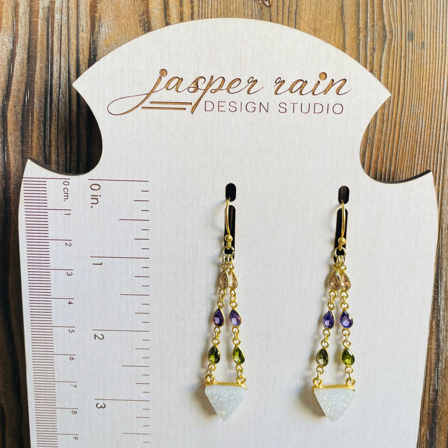 White druzy crystal triangles with faceted Peridot, Tanzanite  and Citrine gemstones