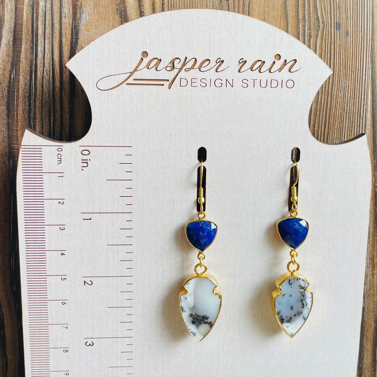 Polished Dendrite Opal arrowheads and Lapis Lazuli earrings