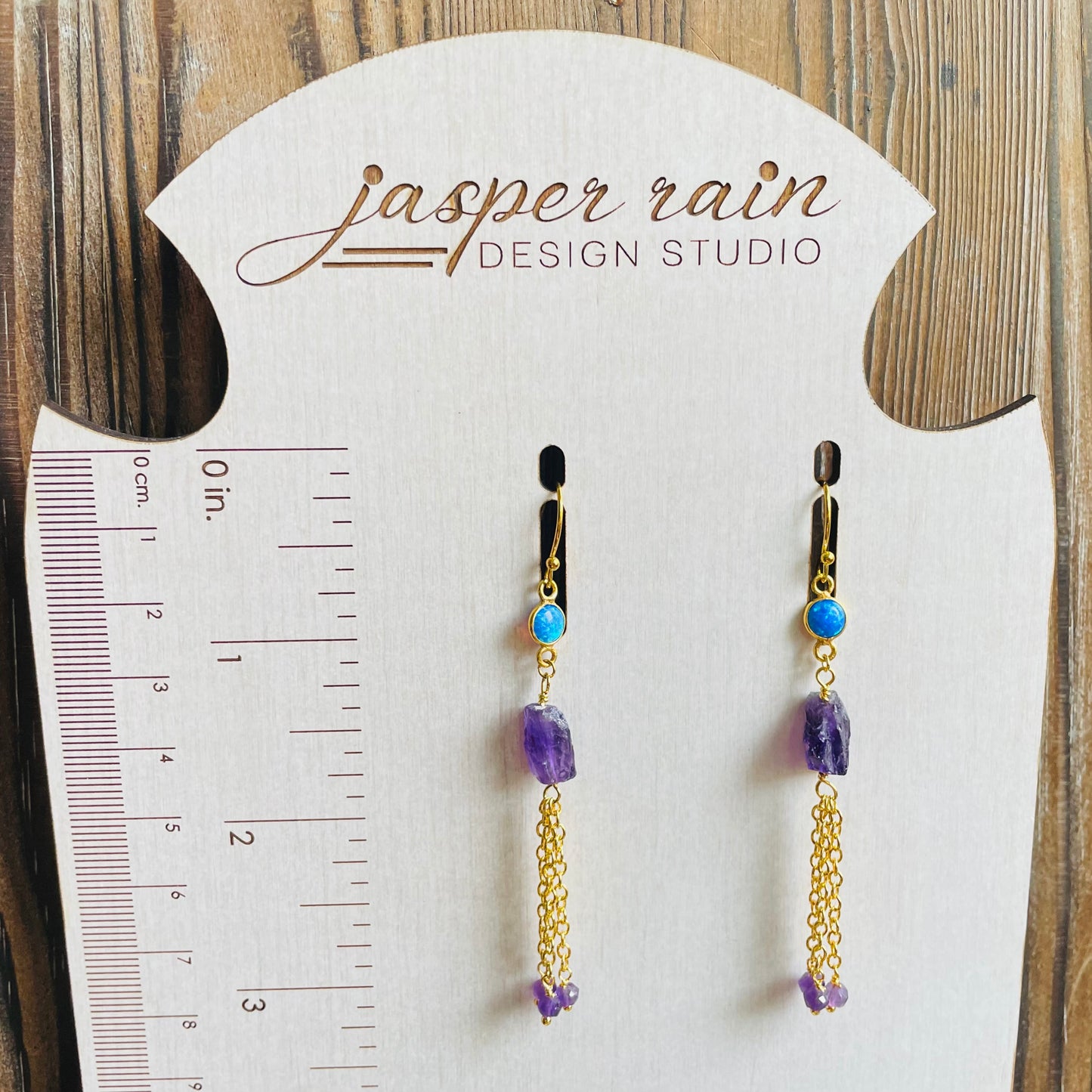 Raw natural amethyst chunks and synthetic blue fire opal cabochons chain earrings