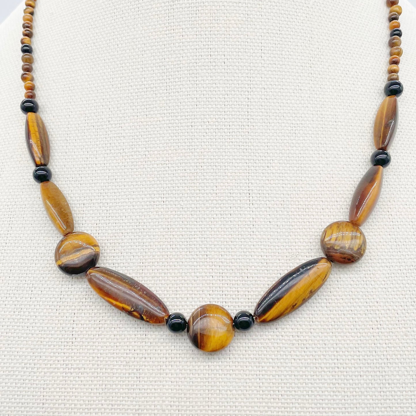 Natural Tiger's Eye and black Onyx gemstone necklace, adjustable