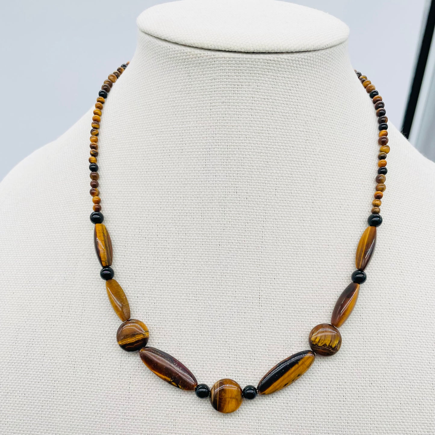 Natural Tiger's Eye and black Onyx gemstone necklace, adjustable