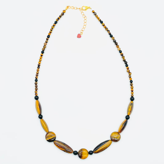 Natural Tiger's Eye and black Onyx gemstone necklace, adjustable
