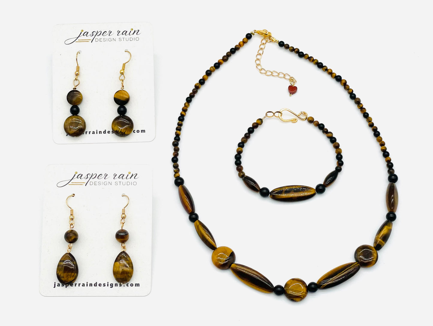 Natural Tiger's Eye and black Onyx gemstone necklace, adjustable