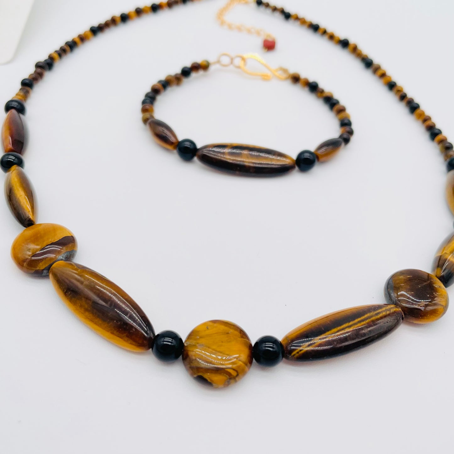 Natural Tiger's Eye and black Onyx gemstone necklace, adjustable