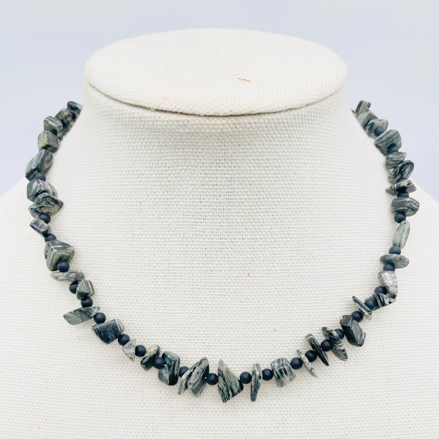 Black Silk Stone chip necklace with matte Black Onyx