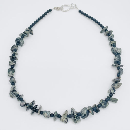 Black Silk Stone chip necklace with matte Black Onyx