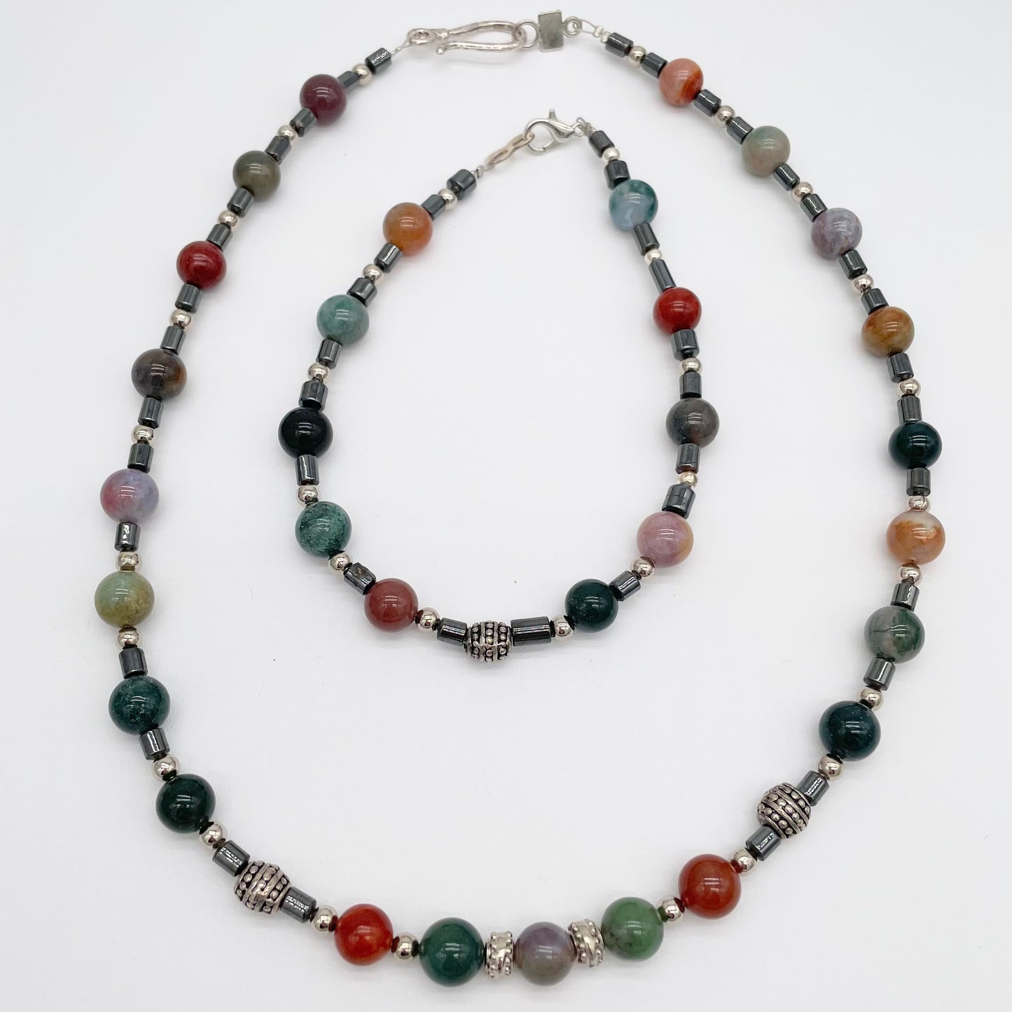 Men's Natural Fancy Jasper and Hematite gemstone necklace
