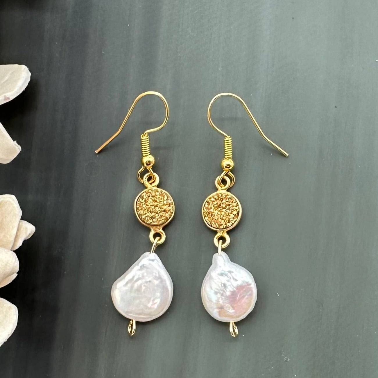 Gold Druzy and Freshwater Pearl earrings