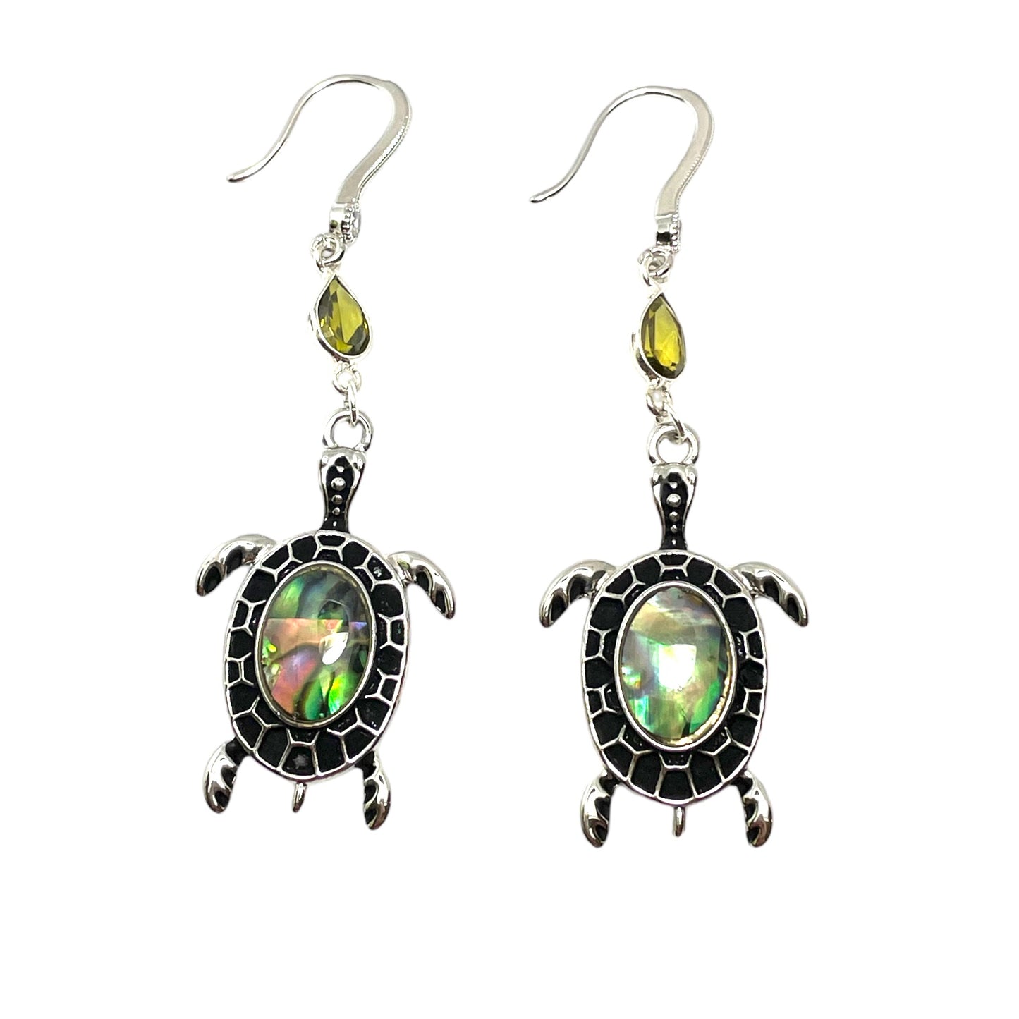 Silver Sea Turtle Charm earrings with Abalone and Peridot on silver plated hooks