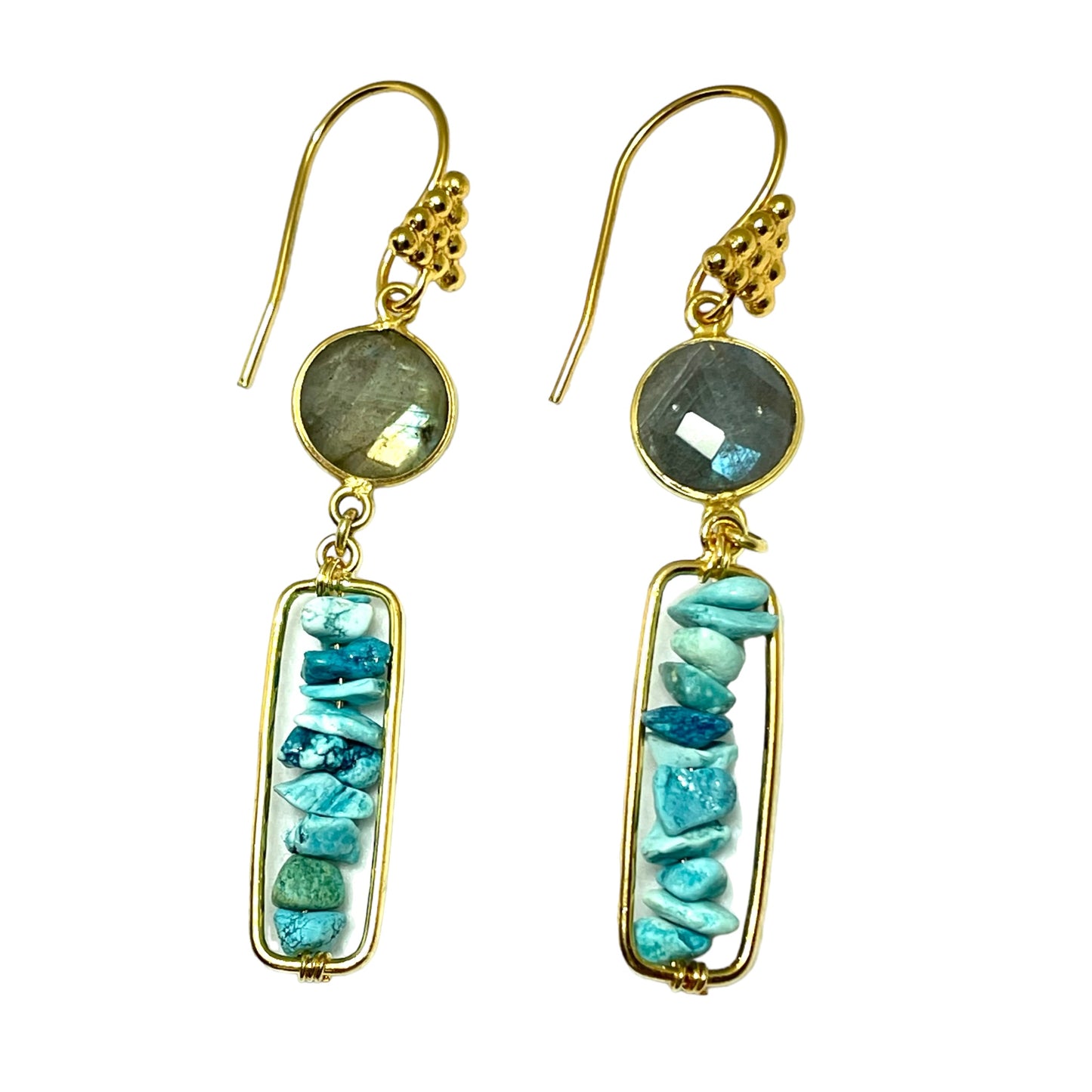 Natural Turquoise and Labradorite earrings on 24k plated hooks
