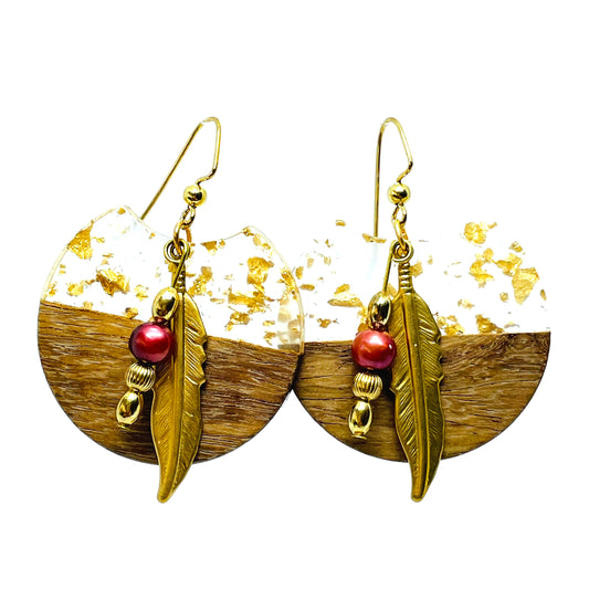 Wood, resin with gold flakes, pearl and gold feather earrings
