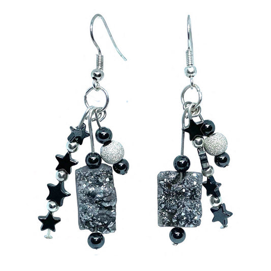 Platinum Druzy crystal, silver glitter beads, and hematite star beads. Handmade, one-of-a-kind dangle earrings