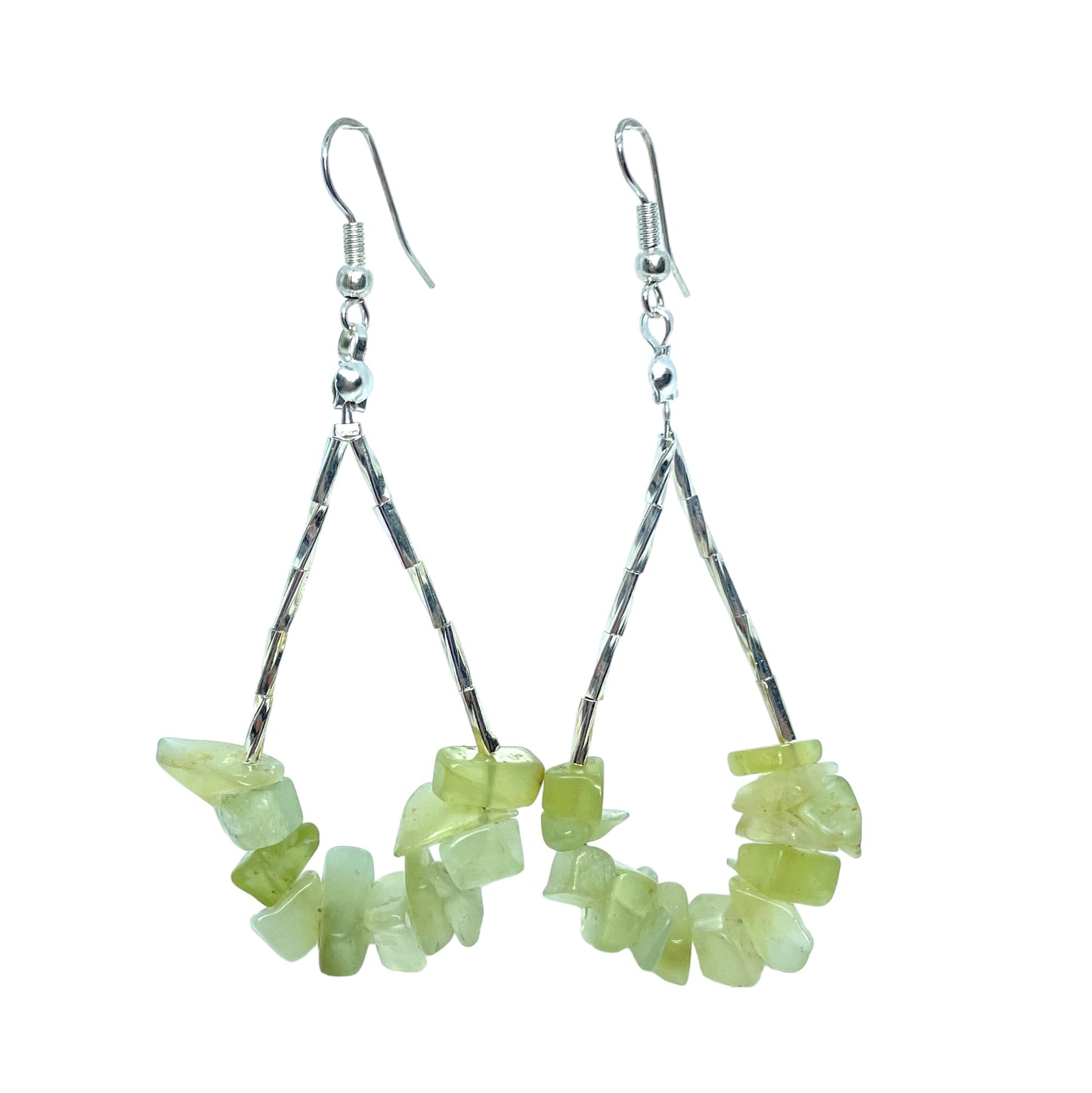 Gemstone drop earrings with prehnite chips and stainless steel beads.