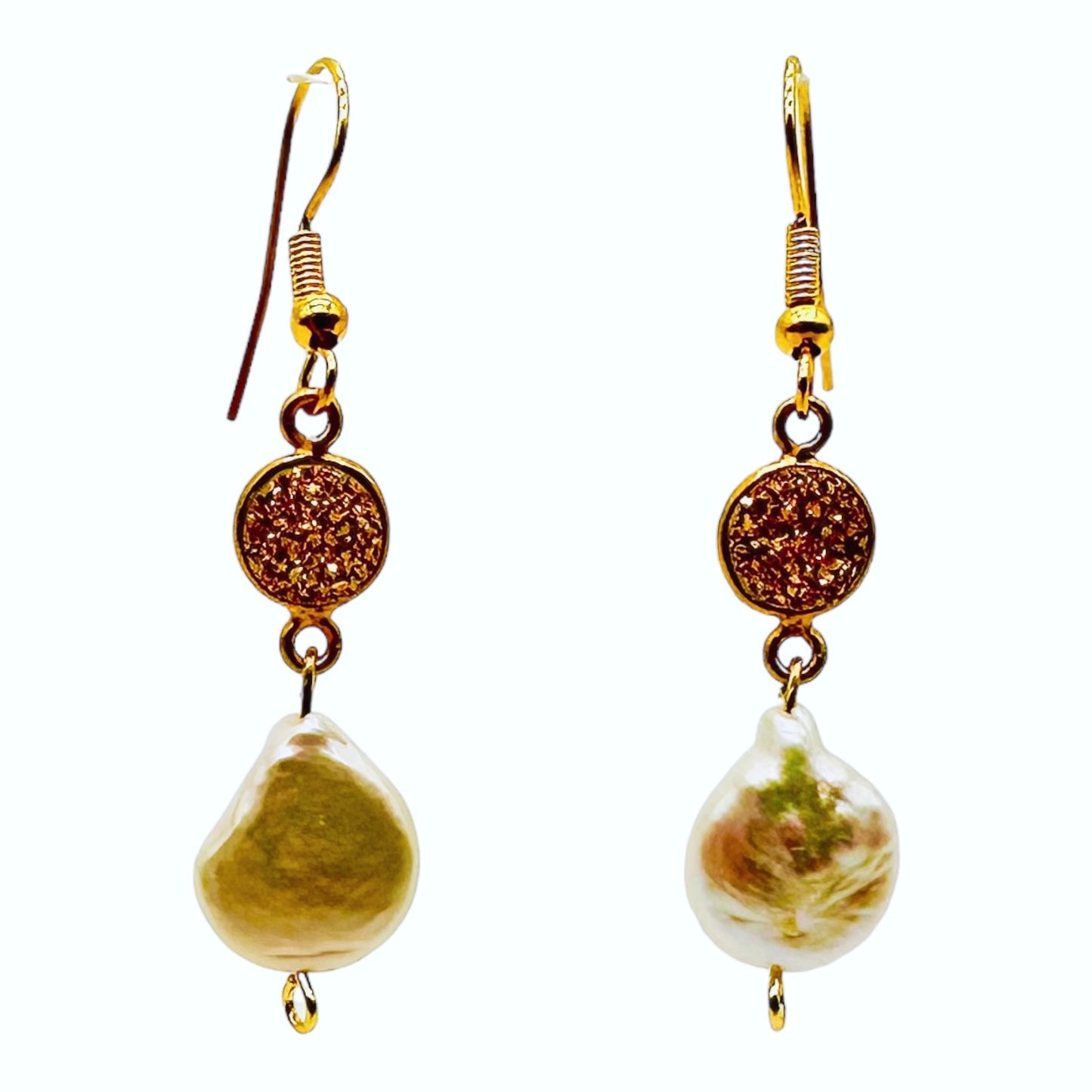 Gold Druzy and Freshwater Pearl earrings
