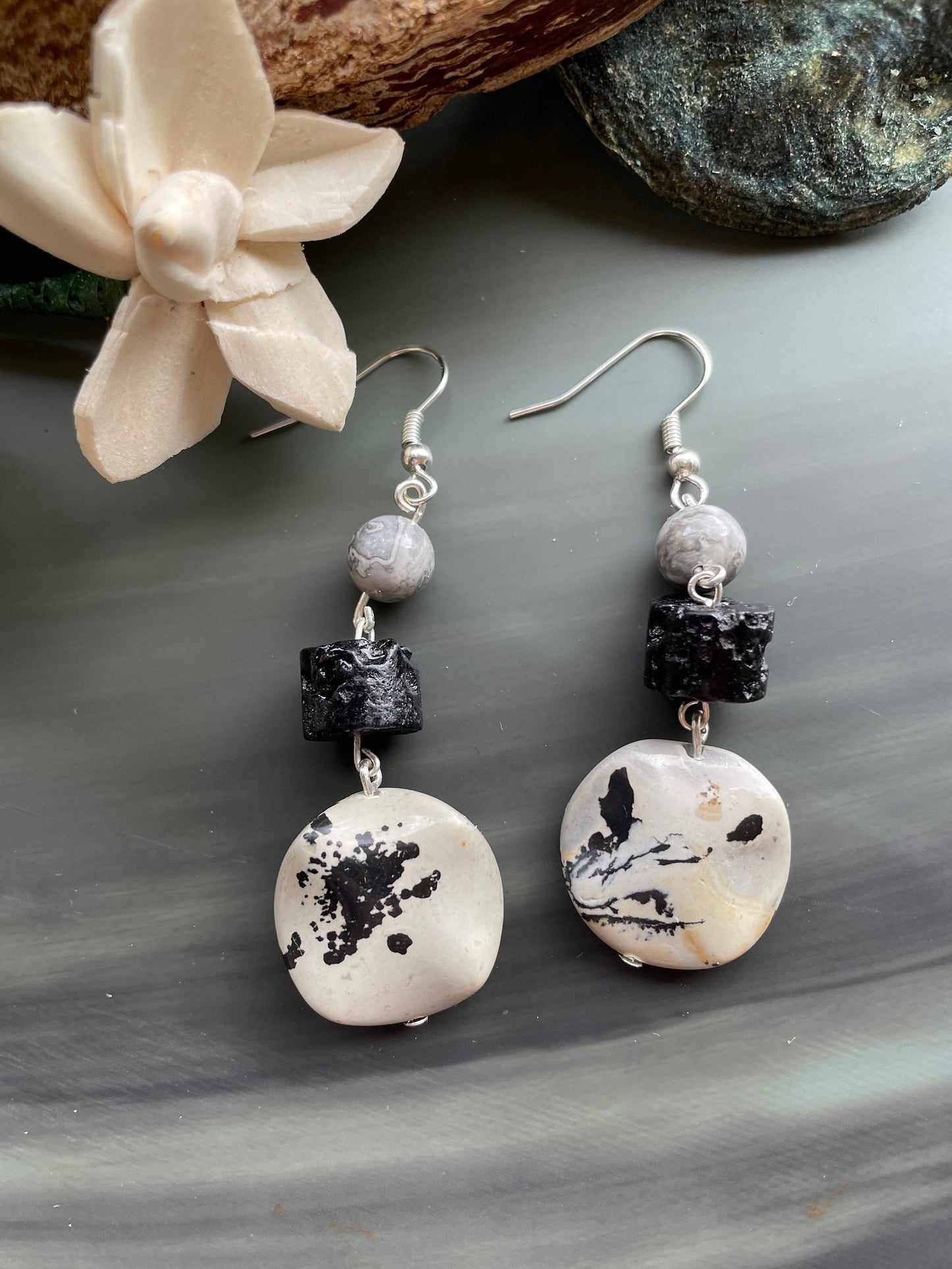 Jasper drop earrings, Silver Leaf Jasper gemstone, Lava beads and Silver Crazy Lace Agate drop earrings