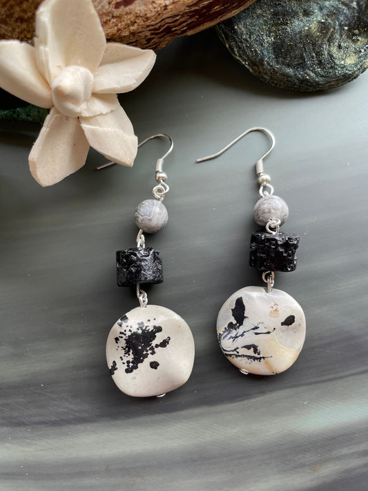 Jasper drop earrings, Silver Leaf Jasper gemstone, Lava beads and Silver Crazy Lace Agate drop earrings