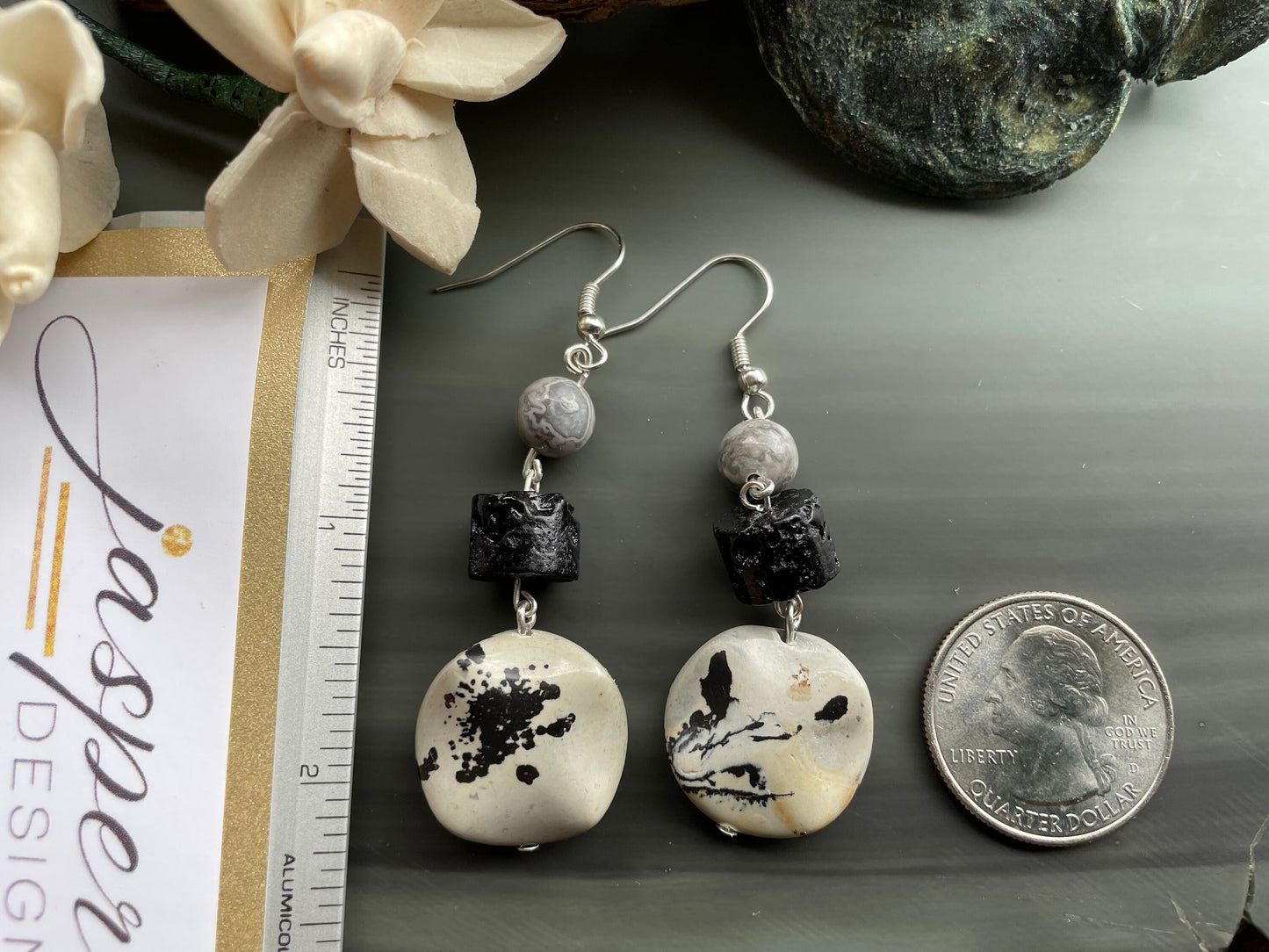 Jasper drop earrings, Silver Leaf Jasper gemstone, Lava beads and Silver Crazy Lace Agate drop earrings