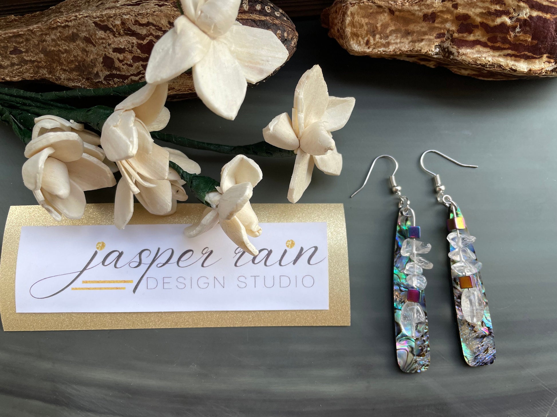 Flashy dangle earrings with real crystal and rainbow hematite beads