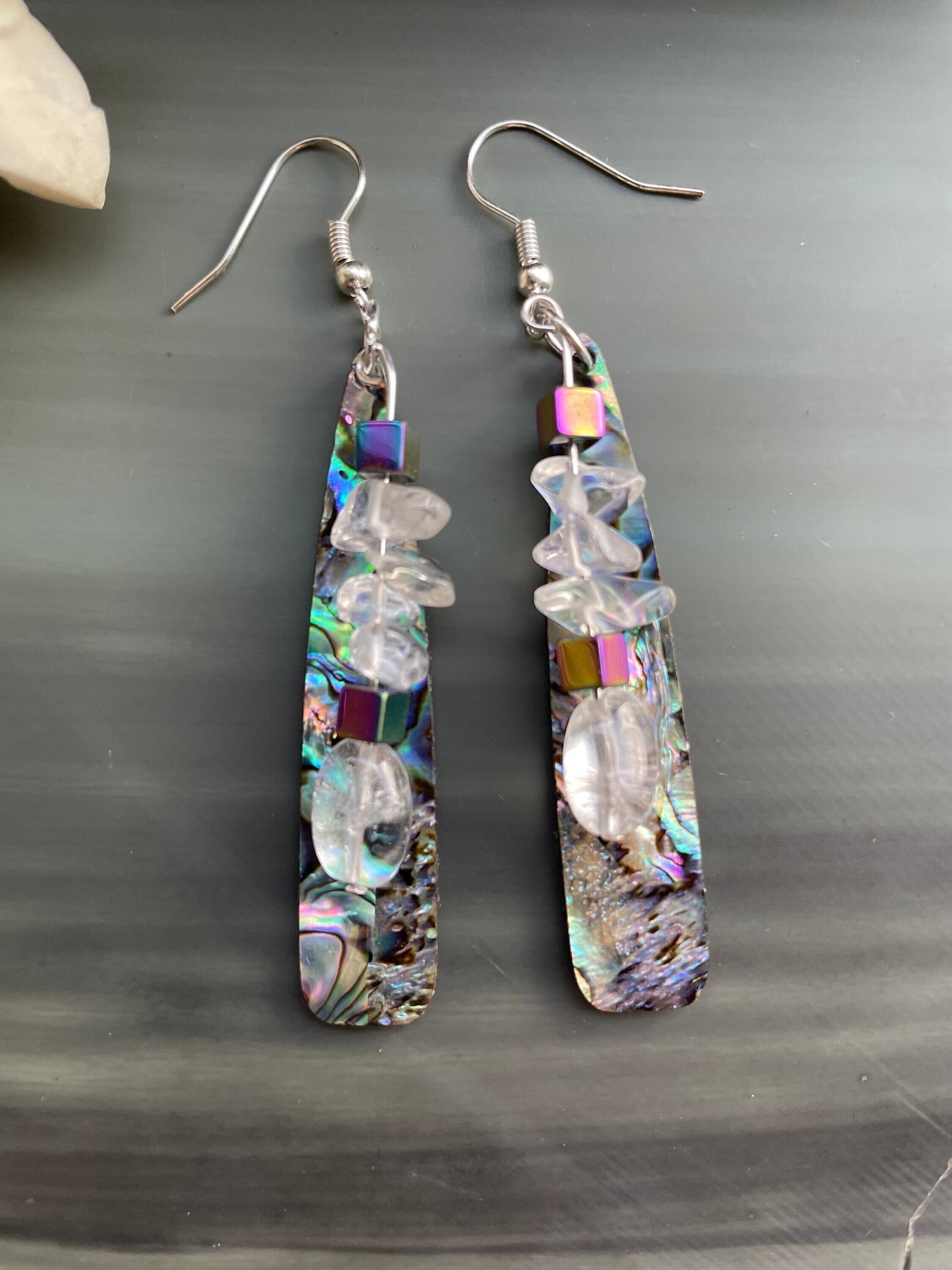 Flashy dangle earrings with real crystal and rainbow hematite beads