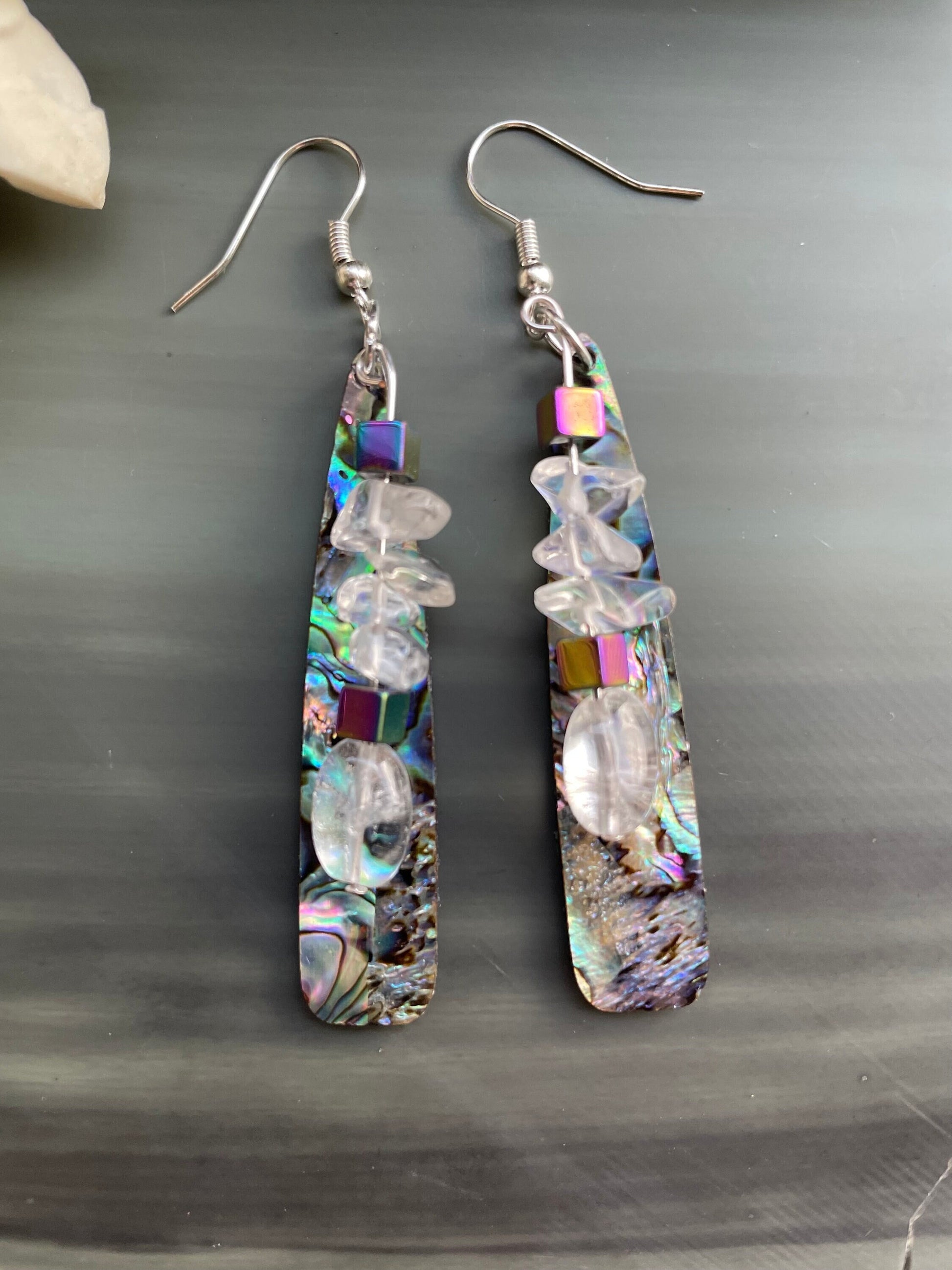 Flashy dangle earrings with real crystal and rainbow hematite beads