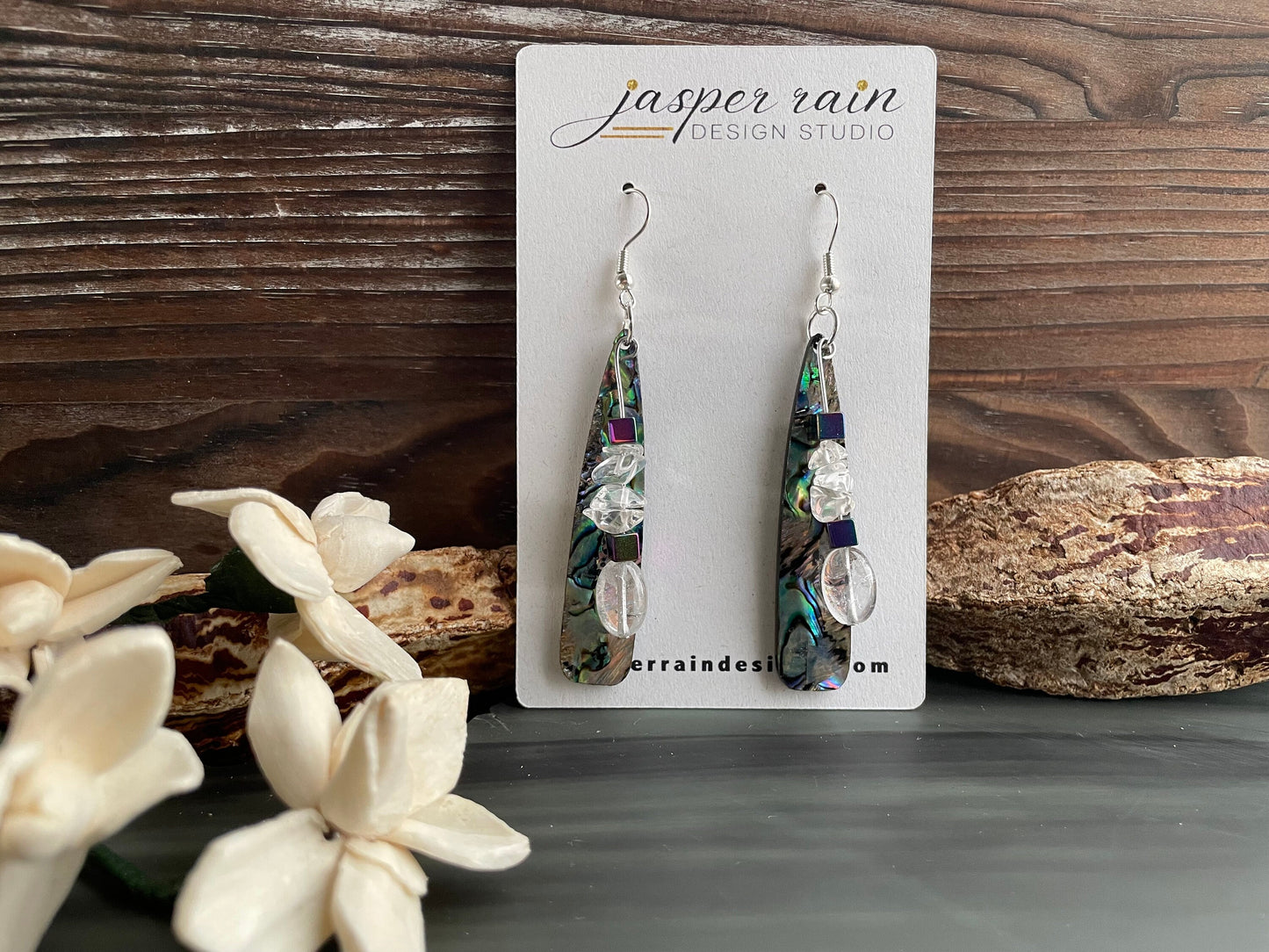 Flashy dangle earrings with real crystal and rainbow hematite beads