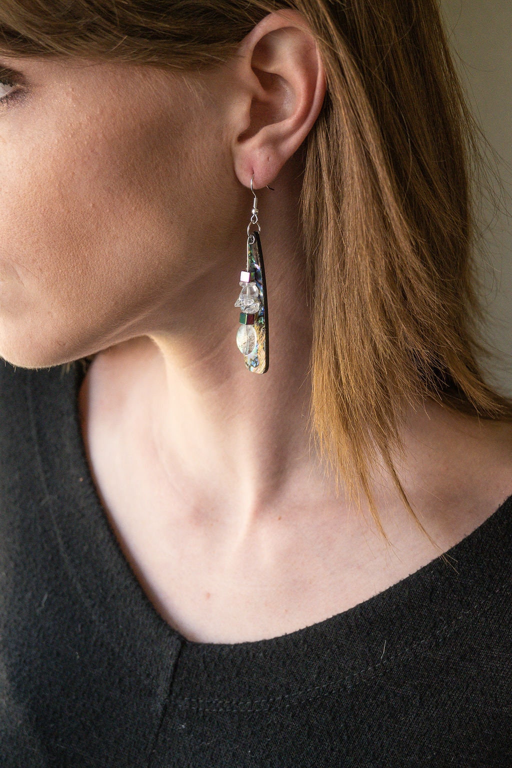 Flashy dangle earrings with real crystal and rainbow hematite beads