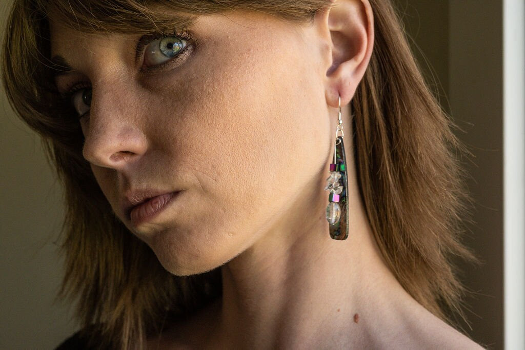 Flashy dangle earrings with real crystal and rainbow hematite beads